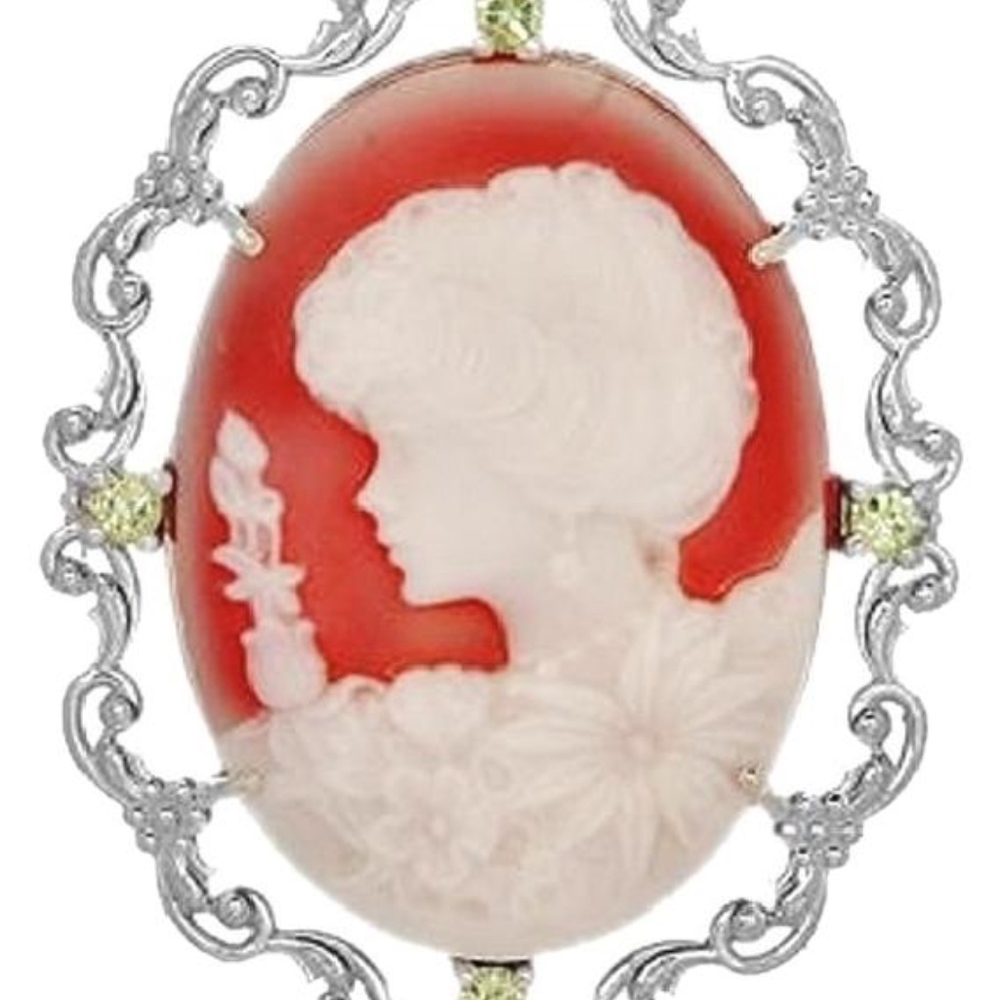 Vintage Carved Carnelian Genuine Cameo & Peridot Necklace 925 Sterling SIver